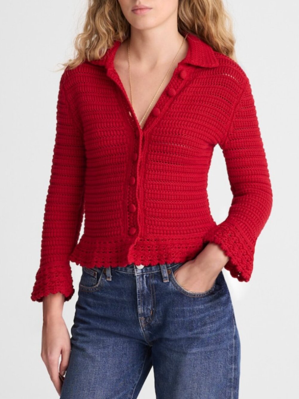 NWT! MADEWELL Pointelle-Knit Peplum Cardigan in 100% Cotton Size XS Red Crimson